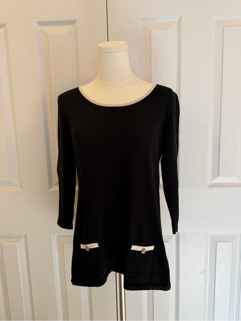 Angel Apparel Black 100% Cotton Tunic Top XS Cream Trim Button Detail